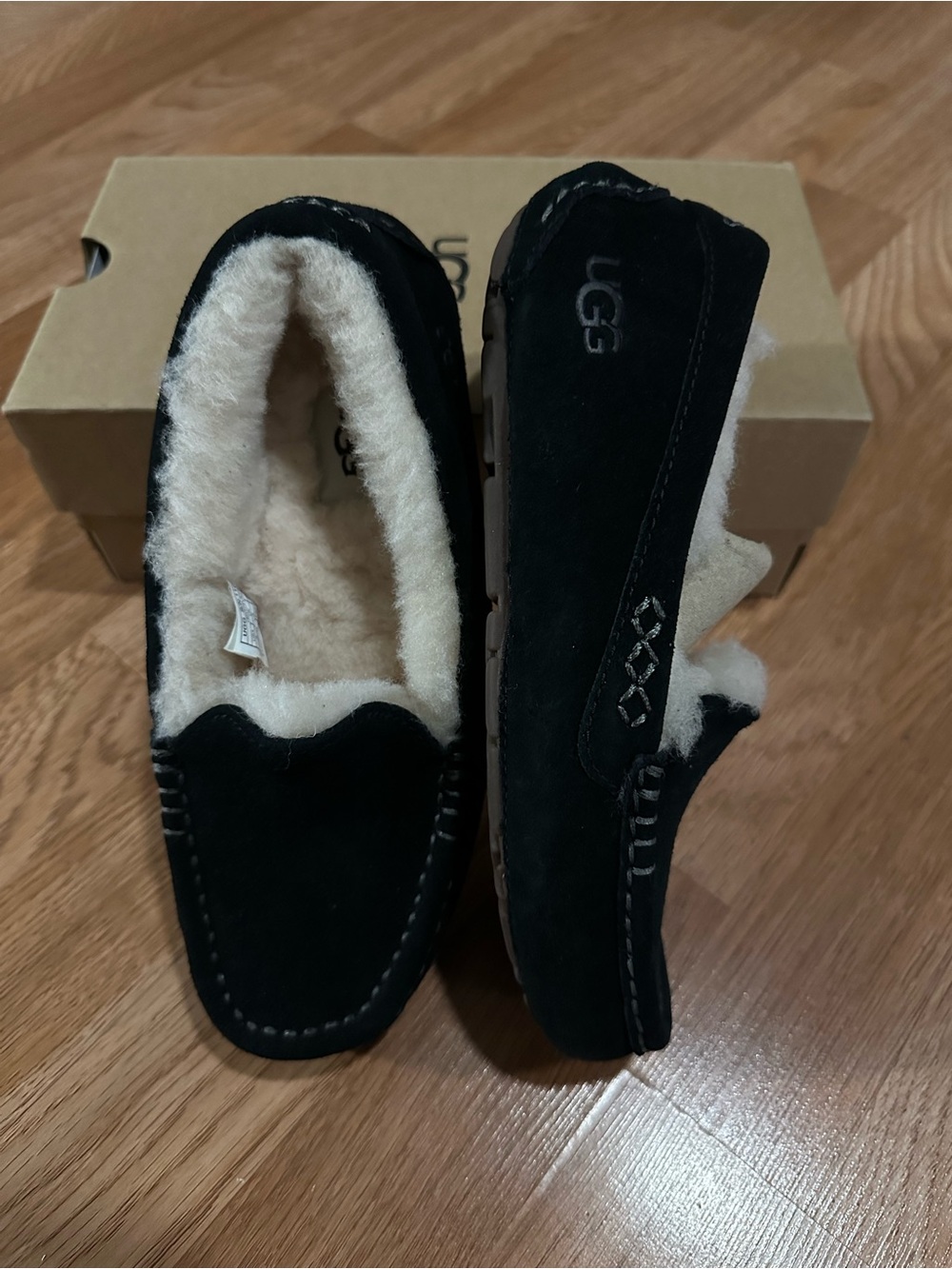 UGG Women Black Suede Moccasin Slippers with Cream Shearling